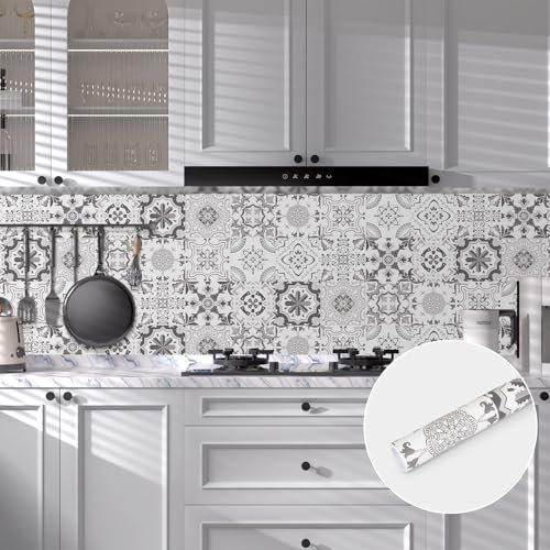Abyssaly Adesivi per Piastrelle Bianco e Grigio, Piastrelle Adesive Cucina, Rotolo Carta Adesiva per Mobili Mattonelle Bagno Rivestimento 30 x 300 cm