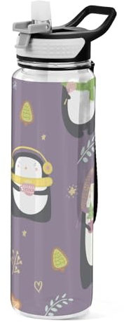 Mnsruu Transparente Sport-Wasserflasche mit Strohhalm, auslaufsichere Trinkflasche, niedliches Muster von Pinguin-Fahrradflaschen für Sport, Büro, Schule, BPA-freier Tritan-Kunststoff, 1 Liter