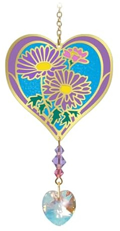 Birthmonth Flower Sun-Catcher Mobile - Stained Glass Effect - Sparkling Crystal Heart Adorned - Embellished with Hand-Crafted Beadwork (September - Aster)