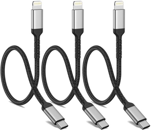 ADILIFT Câble USB-C à Lightning court [30 cm, 3 pièces], certifié MFi, en nylon, compatible avec iPhone 14, 13, 12, 11 Pro Max, Mini, XS, XR, X, SE 2020, 8, 8 Plus, 7, 7 Plus, 6s, 6, 5s, 5 - Noir | Câble de charge court en nylon certifié MFi pour iPhone 14 13 12 11 Pro Max XS XR X SE 2020 8 8 Plus 7 7 Plus 6s