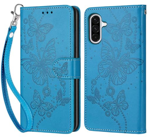 Mobiltelefonskal för Samsung Galaxy A36 5G-fodral, hållbart läderfodral flipfodral [kortslitsar] [magnetlås] [stativfunktion] kompatibel med Samsung Galaxy A36 5G skyddsfodral, blå fjäril
