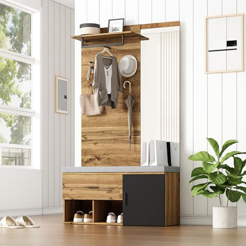 Gegtuon Garderobenset 190cm Hohes mit Spiegel & Schuhbank, Schuhschrank mit 4 Haken & Schubladen Stauraum, Wandgarderobe Flurgarderobe mit Kleiderhaken, Kompaktgarderobe für Eingangsbereich, Eiche