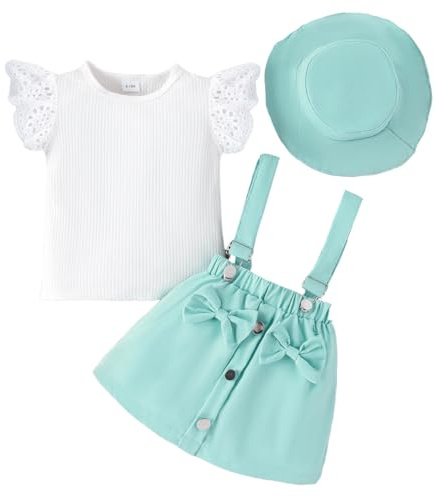LUVCES Vestiti Bambina Estivi 3 Pezzi Set Maniche Corte con Volant Top + Gonna con Bretelle e Fiocco + Cappello Abbigliamento Estivo per Bambine 3Pcs Verde 3-4 Anni
