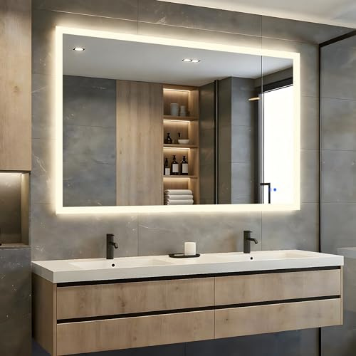 Rechteckiger Badspiegel mit Beleuchtung LED 120x70cm, Touchschalter, einstellbare Lichtfarbe Lichtspiegel (3000K-6500K), Beschlagfrei | horizontal Wandspiegel für Schlafzimmer, Wohnzimmer, Badezimmer | Wandspiegel, 120 x 70 cm, mit Antibeschlag, 3 Farbtemperaturen (kaltweiß/neutralweiß), Touch-Schalter