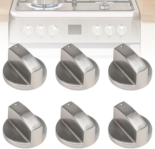 GIONAR 6Pcs Cooker Knobs, 6mm Gas Hob Knobs, Replace Spare Parts, Zinc Alloy with Brushed Surface, Universal Replacement for Gas Stove, Oven, Grill(0 Angle 6mm Shaft Hole, Silver)