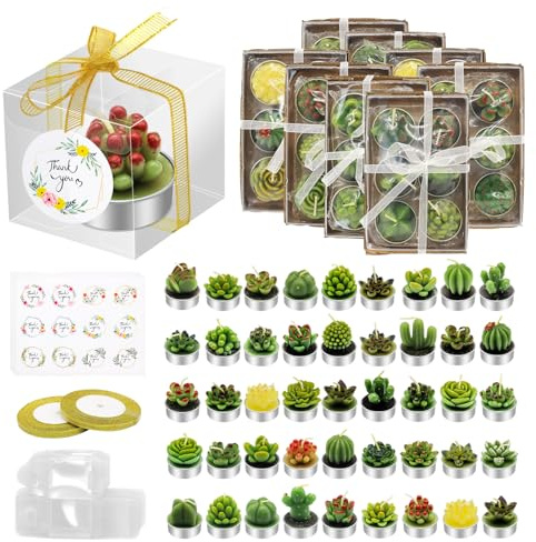 AZEAM 48 pz Candele Succulente per Feste, Decorazione da Tavolo a Forma di Cactus per gli Ospiti, Mini Piccole Tealight Fatte a Mano Set di Decorazioni per Baby Shower, Premi, Giochi, Matrimoni