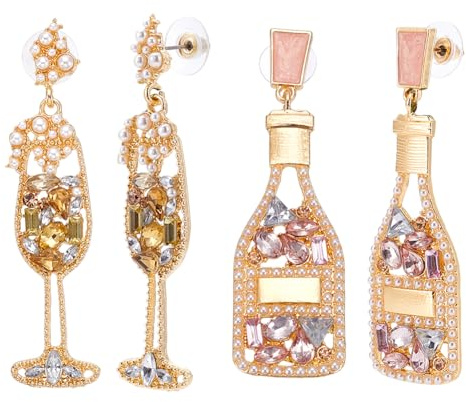 UNICRAFTALE 2 paire Boucles D'Oreilles en Strass Bouteille de Champagne 2 Styles Longues Boucles D'Oreilles Pendante Verre à Vin Martini Jolies Boucle D'Oreille Cocktail Tendance pour Cadeaux