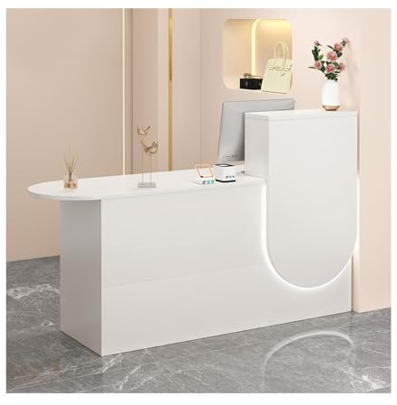 Modern receptionsdisk med belysning, receptionsdisk med låsbar låda och skåp och tangentbordsfack, kassa for receptionsrum, lobby, butik(White,LEFT_L100CM/39.4IN)