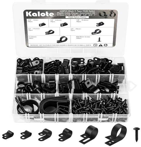 Kalote 320 PCS Black Nylon P-Clips, 3/16'' 1/4'' 3/8'' 1/2'' 3/4'' 1'' Inch Plastic Cable Clips Wire Clamp, Nylon Screw Mounting Cord Fastener Clips with 160 PCS Screws, for Wire Management