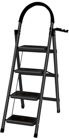 Escalera plegable con mano corredera de 4 peldaños – antideslizante, fácil de guardar – Anchas – Negro