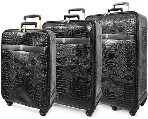 Premium PU-läder Croc-tryck bagage hybridskal resväskor lätt med lås, 360° slät spinner och stabiliseringshjul svart elit, Svart, Set x3 (S-M-L), Ställ in bagage med spinnhjul