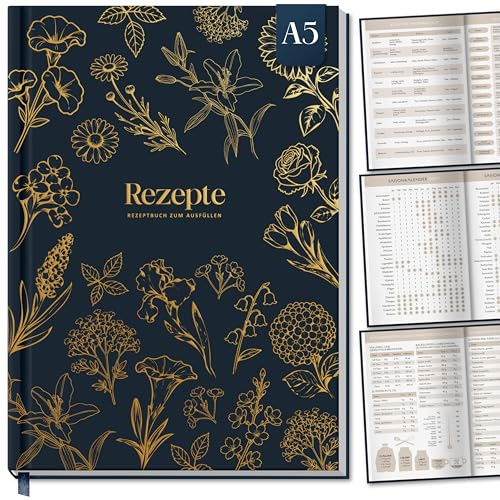 BIROYAL Rezeptbuch zum Selberschreiben A5 mit Zutatenersatztabelle, Blau | Hardcover Kochbuch mit Umrechnungstabelle & Saisonkalender, 120g Dickes Papier, Platz für 100 Rezepte, Doppelseite pro Rezept