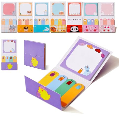 8 Pack Cute Animal Sticky Notes & Tabs Set, Foldable Little Book Design, Self-Adhesive Memo Pads for Kids Girls, Party Bag Fillers, Stocking Fillers, Book Club Gifts