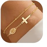 YOEE Bracelet Femme Or Croix 14K Vergoldet, Superposable avec Pendentif Vierge Marie, Bijou Chrétien Catholique pour Baptême, Cadeau pour Femme Fille Adolescent