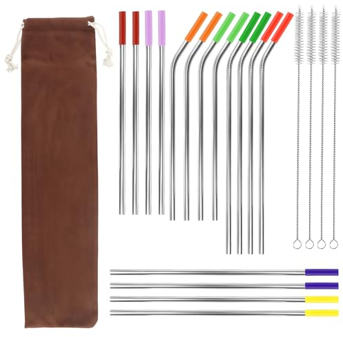 16 Pack Stainless Steel Straws with Silicone Tips and 4 Brushes Drink Set | Reusable Bent and Straight Drinking Straws with Pouch for Tumblers Travel Mugs Smoothies and Cold Drinks Reusable Drinkware