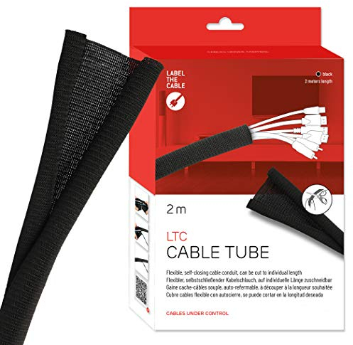 LABEL THE CABLE® 2m - 25mm (für 6-12 Kabel) Kabelschlauch Schwarz Selbstschließend, Kabelkanal flexibel, Kabelschutz Katze Hund, Kabel verstecken PC, Kabelmanagement Schreibtisch höhenverstellbar