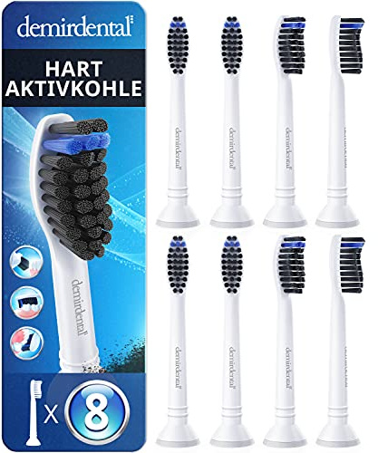 8er demirdental Ersatzbürsten passend für Philips Sonicare, Aktivkohle Hart | Harte Aufsteckbürsten für natürliche Reinigung, schadstoffgeprüft & BPA-frei, inkl. 8 Schutzkappen & 4 Farbringe, Weiß