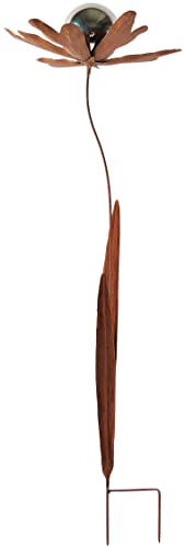 Kobolo Gartenstecker Rusty Flower, Metall, braun, 120 cm, dekorative Blumenstecker mit Edelstahlkugel für Moderne Dekoration im Outdoorbereich