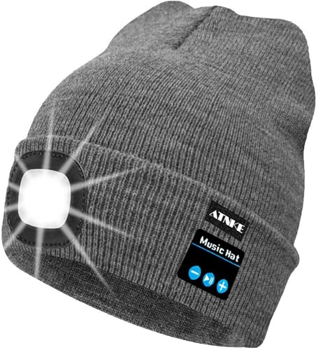 ATNKE Berretto Bluetooth con LED Illuminato, USB Ricaricabile Wireless Musicale Cappello da Corsa Ultra Bright 4 LED Impermeabile Lampada Uso per Sci Escursionismo Campeggio Ciclismo/Grigio