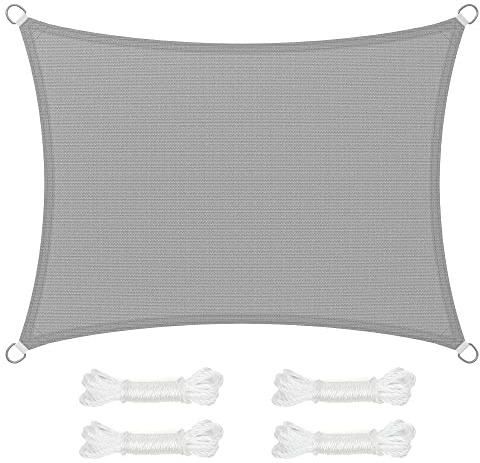 SONGMICS Sonnensegel 3 x 4 m, Sonnenschutz aus HDPE-Gewebe, luftdurchlässig, wasserdurchlässig, für Terrasse, Garten, Balkon, Camping, rechteckig, konkav, 2 m Seile, hellgrau GSS34QY