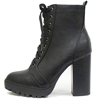 Soda Balboa Lug Sole Chunky Heel Combat Ankle Boot Lace up w/Side Zipper (11, Black (PU))
