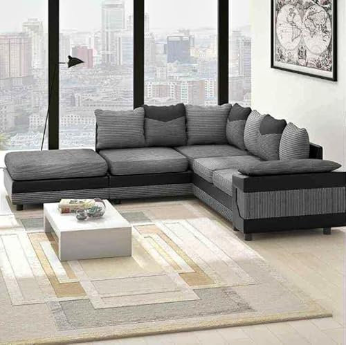 Amazing Sofas large grey corner sofa LARGE-DINO-CORNER-SOFA-GREY-BLACK-LEFT-HAND-SIDE-FOAM. Fire resistant as per British Standards, foam filled seats for comfort.