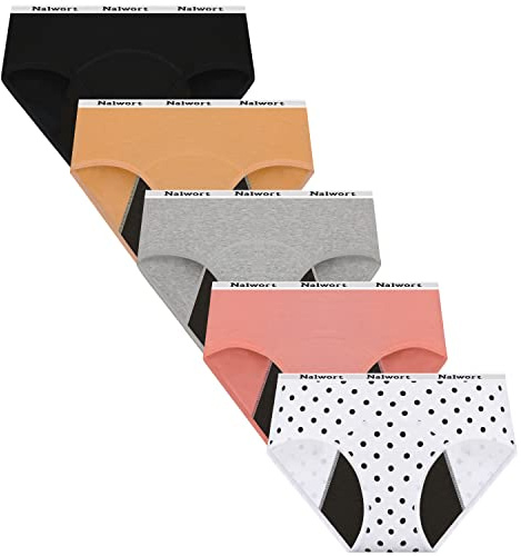 Nalwort Womens Period Underwear Menstrual Period Panties Postpartum Cotton Panties 5 Pack (Color-3, X-Large)
