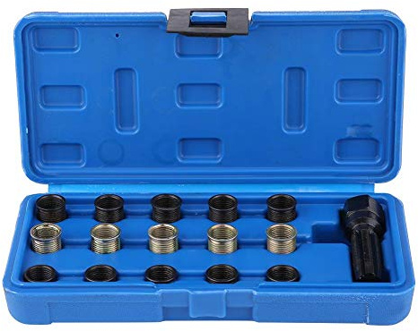 16 Stück 14 mm x 1,25 Zündkerzengewinde-Reparatur-Werkzeugsatz, metrisches Gewinde-Wiederherstellungs-Kit M16 Gewindebohrer mit tragbarem Gehäuse