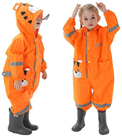 Baogaier Waterproof Puddle Suit Children Unisex All in One Rainsuit Hooded Lightweight Easy Dry School Cycling Boy Girl Rainwear Coverall Raincoat with Tiger Print for Kids 6-7 Years, Orange XL
