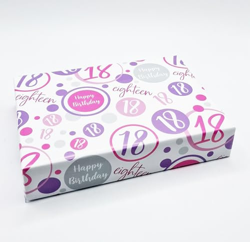 2 hojas + 2 etiquetas de regalo a juego 18 cumpleaños mujer papel de regalo 18 años cumpleaños rosa lila blanco papel de regalo femenino (PA)