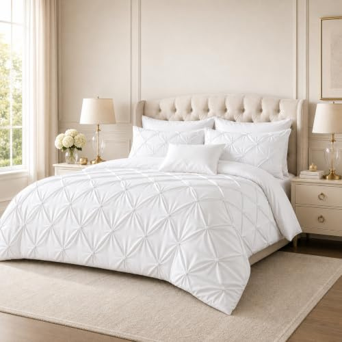 EXQUIZIT HOME® Luxury Duvet Cover Set – Alexander Alford Pin Tuck Pinch Pleat Reversible Diamond Bedding Set with Matching Pillowcase Pack of 2, 50% Cotton 50% Polyester (White – King 230 x 220 cm)