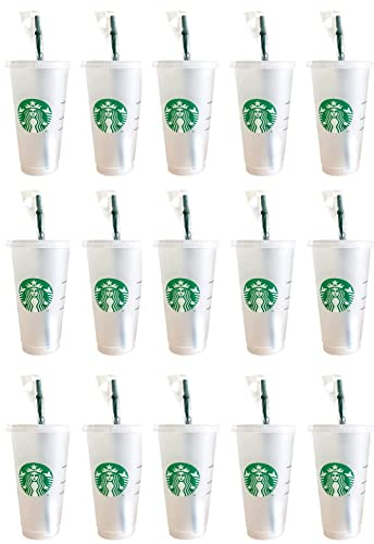 Starbucks Lot de 15 gobelets froids réutilisables givrés de 680,4 g avec couvercle et paille verte avec bouchon