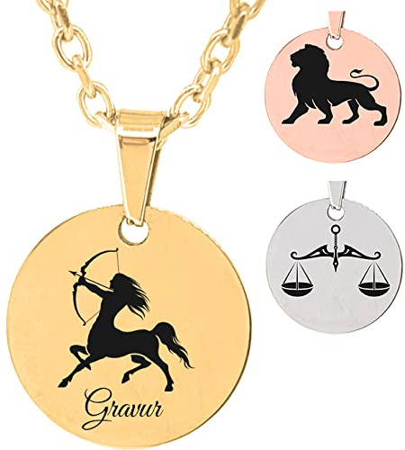 UHRENWELT Anhänger mit Sternzeichen und Kette/eigener Gravur Text auf Vorderseite & Rückseite möglich (Wunschgravur) / in 3 Farben wählbar (Silber/Gold/Rosé)