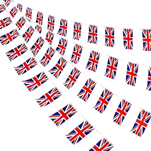 AhfuLife Union Jack Bunting Flags 60pcs British Banners, Double Sided Fabric British Bunting Flag for World Cup Street Garden Football Party (14 x 21 cm - 20m, 60 pcs)