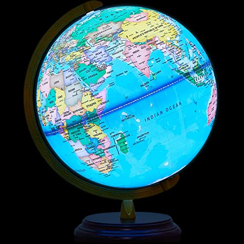 Amylove 13'' Illuminated World Globe for Adults 720°/360° Rotation Rewritable Kids Light-up Globe with Stand World Map for Interactive Learning Light with Base Lamp LED Decor(Brown Wood,Classic)
