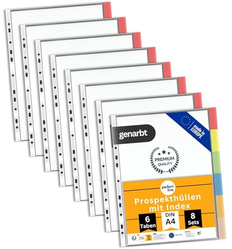 perfect line - 48 fundas DIN A4 con índice - 8 x 6 pestañas - Extra fuertes, transparentes, fundas para registros - indeleble, sin ácidos
