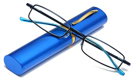 Hubeye Gafas de lectura portatiles con forma de bolígrafo de metal para hombre y mujer Anteojos de lectura con bisagras de resorte Anti luz azul con funda metal de bolsillo 1.50