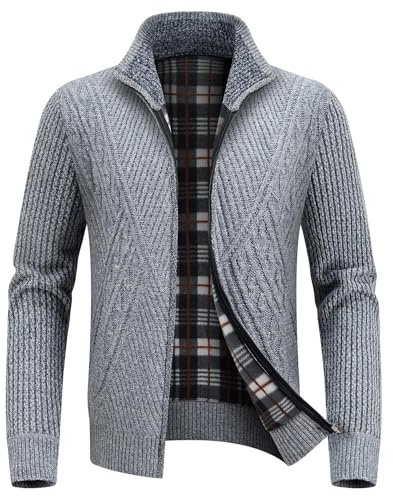 KUDORO Men's Knitted Cardigan Full Zip Short Sweater with Fleece-Lined | Long Sleeve Thick Stand Collar Knitwear with Pockets, Casual Style for Autumn Winter Daily and Outdoor Activities