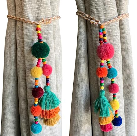 Boho Curtain Tiebacks - 2pcs Pompom & Tassel Boho Decor for Living Room - Colorful Beaded Tiebacks