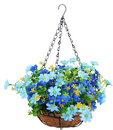 lulalula Cestas colgantes con flores, geranios artificiales, cadena de seda, cesta colgante de margaritas artificiales con flores para el hogar, al aire libre, jardín, patio, porche