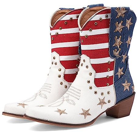 CRETUAO Bottines Western Cowboy Brodées Rivet pour Femme,Bottines Confort à Talon Bas et Bout Pointu avec Pampilles à la Mode,Bottines à Talons Chunky à Bloc de Couleur,Blanc,39 EU