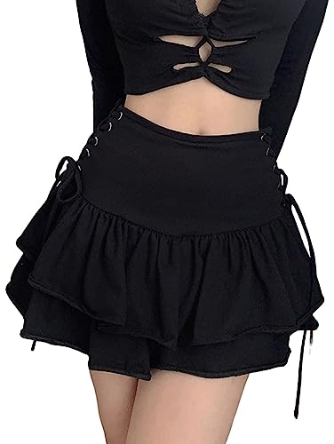Gothic Rock Damen -Punk Rock Damen Steampunk Rock Damen Schwarz Minirock Sexy Kurz Faltenrock A Linie Plisseerock Mond Röcke Festival Mittelalter Rock Cosplay Halloween Karneval Kostüm Mini Skirt