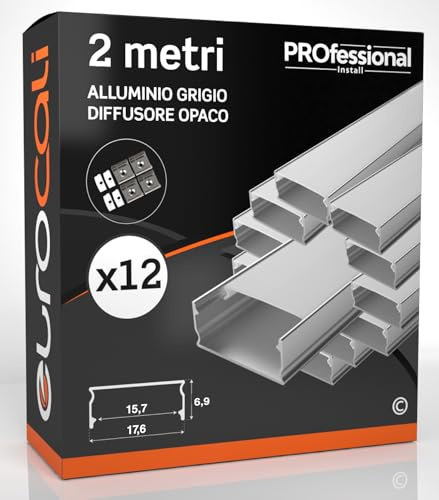 Eurocali Profilo Alluminio per Strisce LED 2 metri - Copertura Opaca - Installazione Superficiale - 17.6 x 6.9mm - Pacco da 12 (24m)