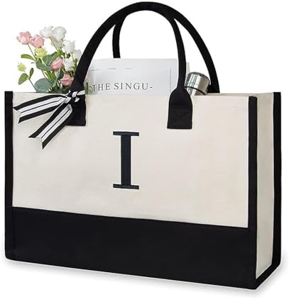 Soulnioi Baumwoll-Einkaufstasche, wiederverwendbare Einkaufstasche, personalisierte Buchstaben-bedruckte Tasche für Damen/Herren, wiederverwendbare Strandtasche aus Segeltuch für