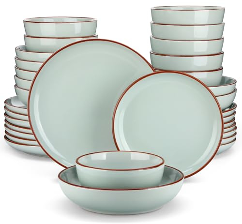 vancasso Dinner Sets, Nymph Jade Plates and Bowls Set, 32-Piece Color Glaze Crockery Set with 10.5in Dinner Plate, 8in Salad Plate, 1340ml Pasta Bowl and 800ml Cereal Bowl