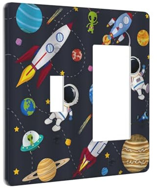 Wpshijia Rocket Planets Astronaut Blue Decorative 2 Gang Light Switch Covers Single Toggle Rocker Combo Wall Plate Electrical Faceplate Decorative Switchplate for Nursery Kidsroom Bedroom Decor