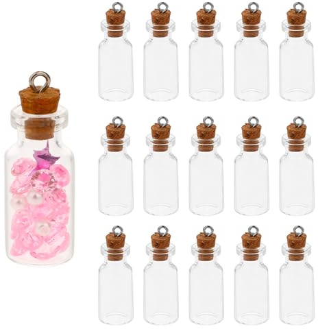 Jeffdad 15 mini bottiglie di vetro con tappo in sughero, 35 x 16 mm, mini bottiglie in vetro trasparente da 3 ml, piccole bottiglie di vetro per progetti artistici e artigianali, decorazione di