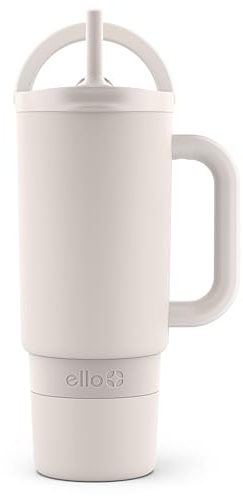 Ello Port 30oz Tumbler with Carry Loop & Integrated Handle | Vacuum Insulated Stainless Steel Reusable Water Bottle Travel Mug | Leak Proof Lid | Flexible Straw | BPA-Free | Dishwasher Safe | Cream