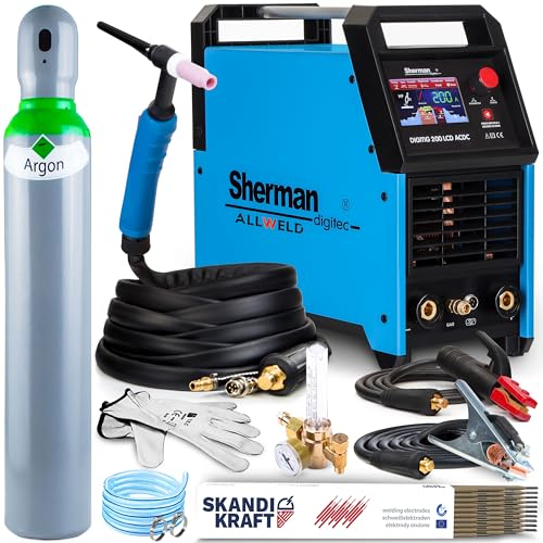 ALLWELD DIGITIG 200 LCD - 200A HF-Zündung WIG Schweißgerät AC DC mit MMA-Modus und Pre Flow, Post Flow und Speichern von Einstellungen - IGBT-Inverter-Technologie - Set: Professional