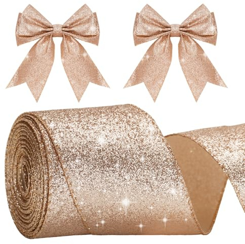 G2PLUS Roségold Schleifenband mit Draht, 6CM Breite Geschenkband Glitzer, 10m